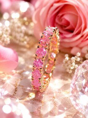 Beautiful  Minimalist  Lab Created Pink Opalite Eternity Ring Band